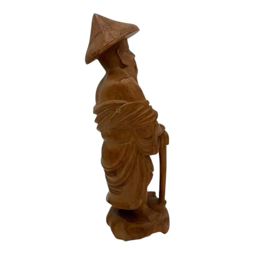 Vtg Hand Carved Wood Chinese Wise Old Man w/walking Stick Statue Figurine 10